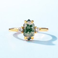 Ethereal Natural Moss Agate Long Hexagon Cut Green Moss Agate Long Hexagon Faceted Adjustable Ring for Women Jewelry