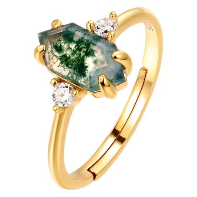 Ethereal Natural Moss Agate Long Hexagon Cut Green Moss Agate Long Hexagon Faceted Adjustable Ring for Women Jewelry
