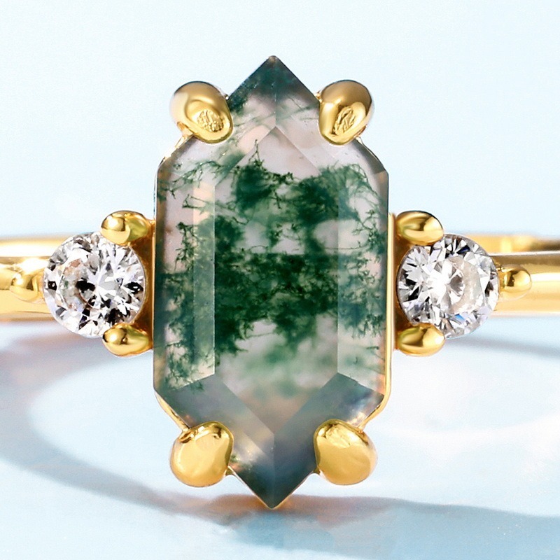 Ethereal Natural Moss Agate Long Hexagon Cut Green Moss Agate Long Hexagon Faceted Adjustable Ring for Women Jewelry