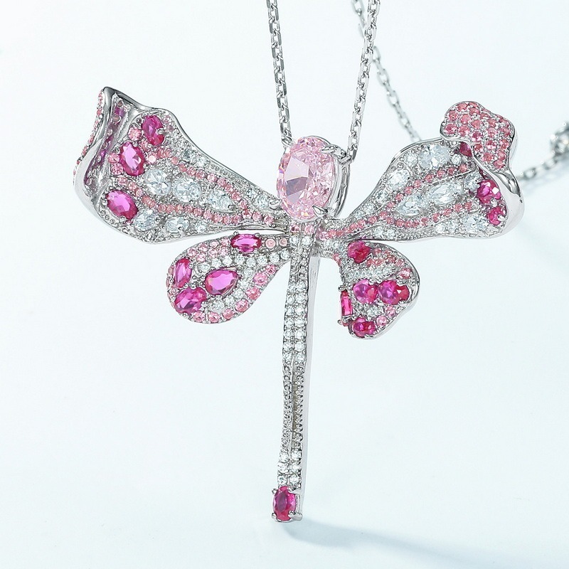 S925 silver Hot-selling Dragonfly-shaped Light pink high-Carbon Diamond Pendant full-set Colored Diamond European and American Individual Drop Pendant necklace