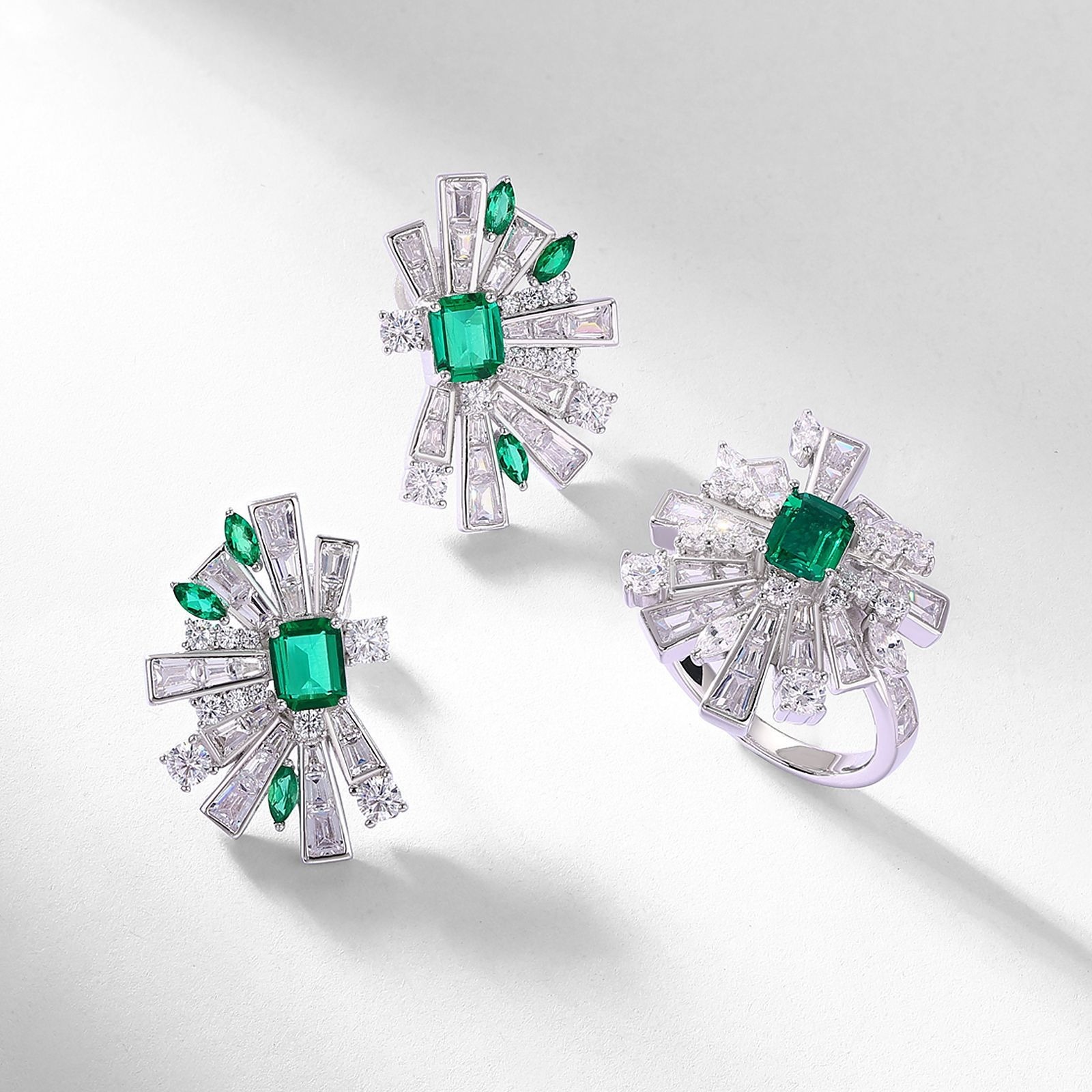 Luxury S925 Silver New Style Geometric Half-fan-shaped Vintage Stud earrings Cultivated Lab Grown Emerald High-end Elegant Stud Earrings