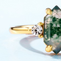 Ethereal Natural Moss Agate Long Hexagon Cut Green Moss Agate Long Hexagon Faceted Adjustable Ring for Women Jewelry