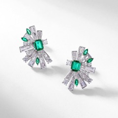 Luxury S925 Silver New Style Geometric Half-fan-shaped Vintage Stud earrings Cultivated Lab Grown Emerald High-end Elegant Stud Earrings