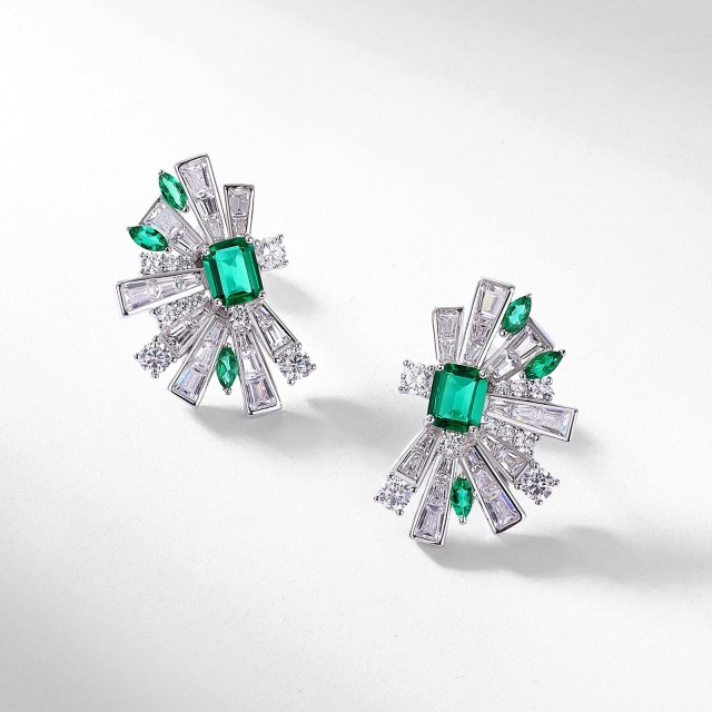 Luxury S925 Silver New Style Geometric Half-fan-shaped Vintage Stud earrings Cultivated Lab Grown Emerald High-end Elegant Stud Earrings