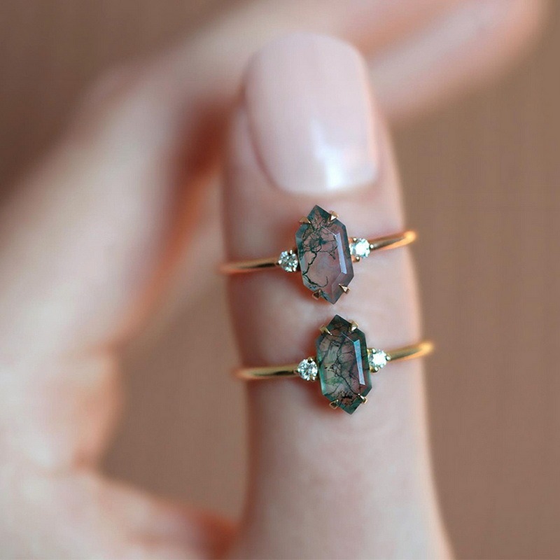 Ethereal Natural Moss Agate Long Hexagon Cut Green Moss Agate Long Hexagon Faceted Adjustable Ring for Women Jewelry