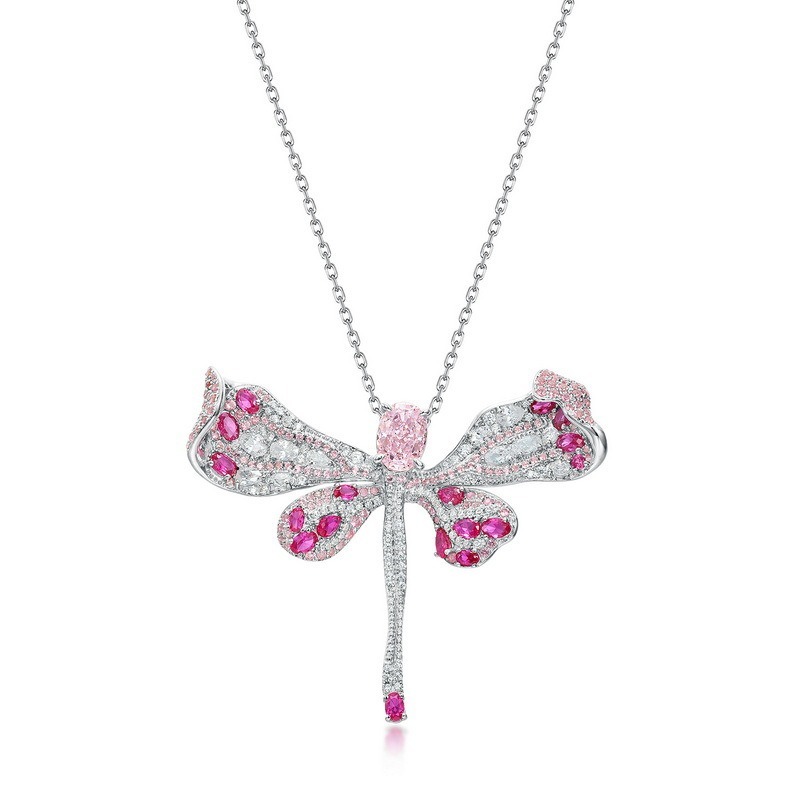 S925 silver Hot-selling Dragonfly-shaped Light pink high-Carbon Diamond Pendant full-set Colored Diamond European and American Individual Drop Pendant necklace