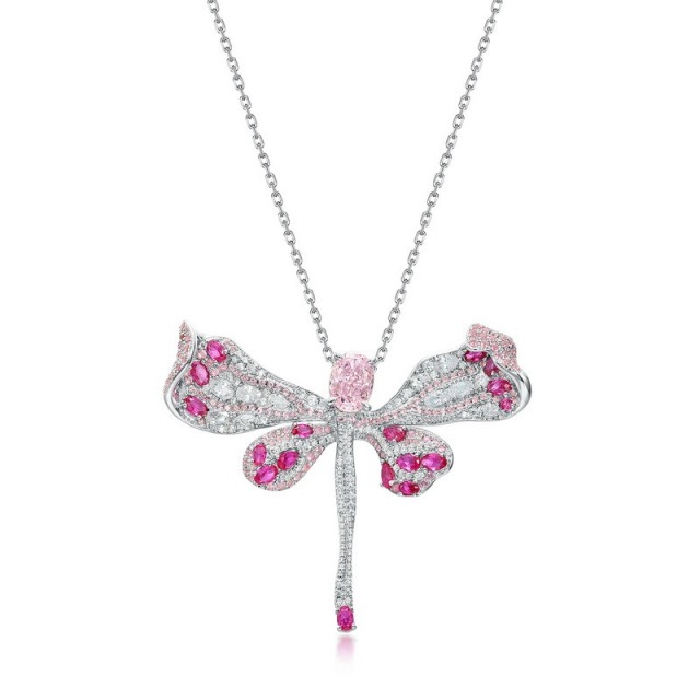 S925 silver Hot-selling Dragonfly-shaped Light pink high-Carbon Diamond Pendant full-set Colored Diamond European and American Individual Drop Pendant necklace