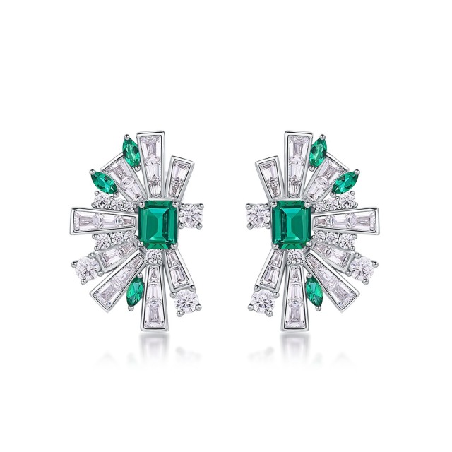 Luxury S925 Silver New Style Geometric Half-fan-shaped Vintage Stud earrings Cultivated Lab Grown Emerald High-end Elegant Stud Earrings