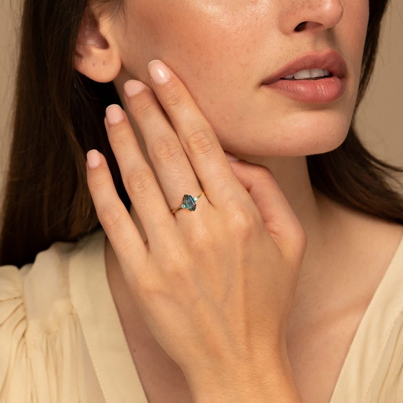 Ethereal Natural Moss Agate Long Hexagon Cut Green Moss Agate Long Hexagon Faceted Adjustable Ring for Women Jewelry