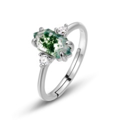 Ethereal Natural Moss Agate Long Hexagon Cut Green Moss Agate Long Hexagon Faceted Adjustable Ring for Women Jewelry