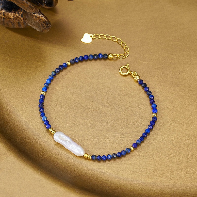 PVD 18k Gold Plated S925 silver Natural 4mm Faceted Lapis Beads Dainty Bracelet for Women Healing Baroque Pearl Minimalist Jewelry Wholesale