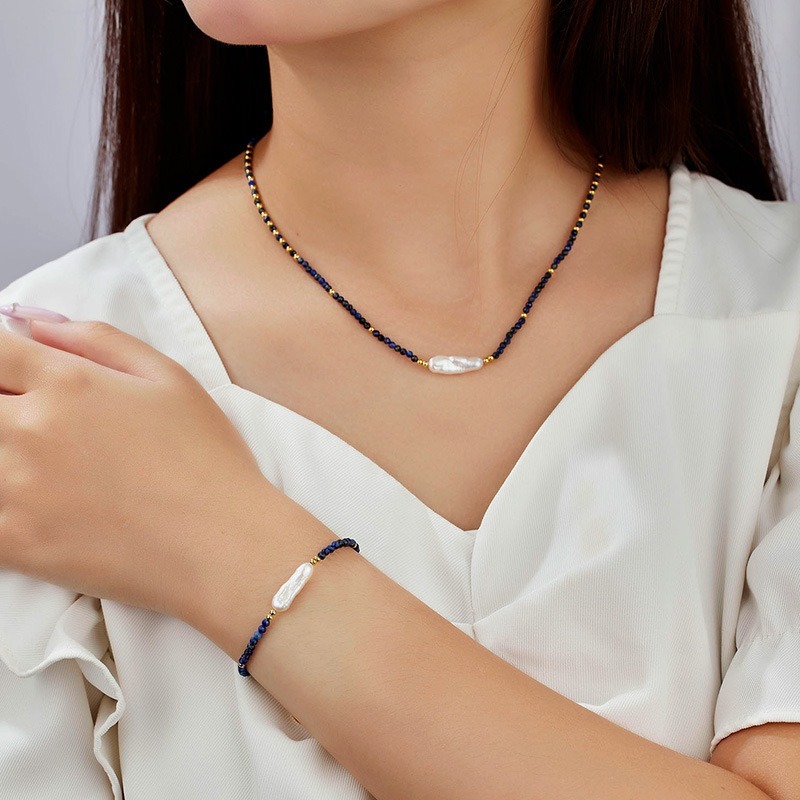 PVD 18k Gold Plated S925 silver Natural 4mm Faceted Lapis Beads Dainty Bracelet for Women Healing Baroque Pearl Minimalist Jewelry Wholesale