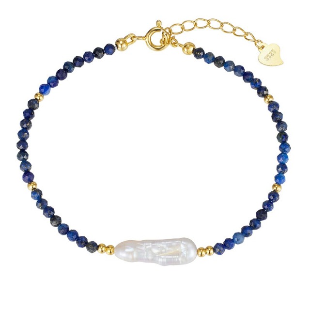 PVD 18k Gold Plated S925 silver Natural 4mm Faceted Lapis Beads Dainty Bracelet for Women Healing Baroque Pearl Minimalist Jewelry Wholesale