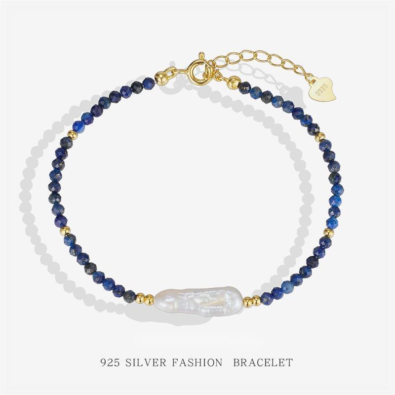PVD 18k Gold Plated S925 silver Natural 4mm Faceted Lapis Beads Dainty Bracelet for Women Healing Baroque Pearl Minimalist Jewelry Wholesale