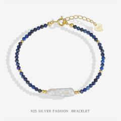 PVD 18k Gold Plated S925 silver Natural 4mm Faceted Lapis Beads Dainty Bracelet for Women Healing Baroque Pearl Minimalist Jewelry Wholesale