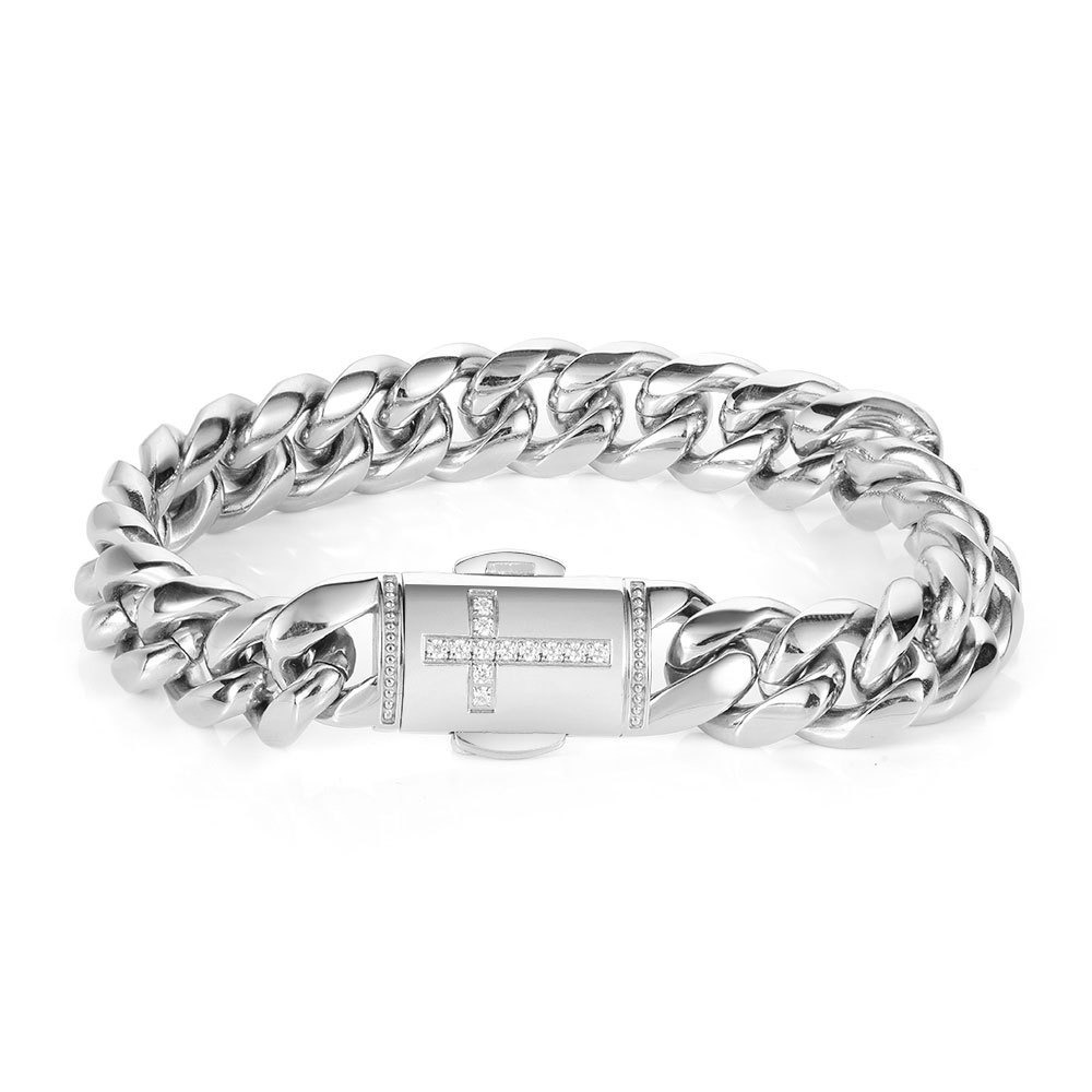 Hip-hop Luxury Custom 12MM Zircon Cuban Brass Bracelet for Men Wholesale PVD 18K gold plated Heavy Chain Link Bracelets Cross Charm Fashion Jewelry Gift