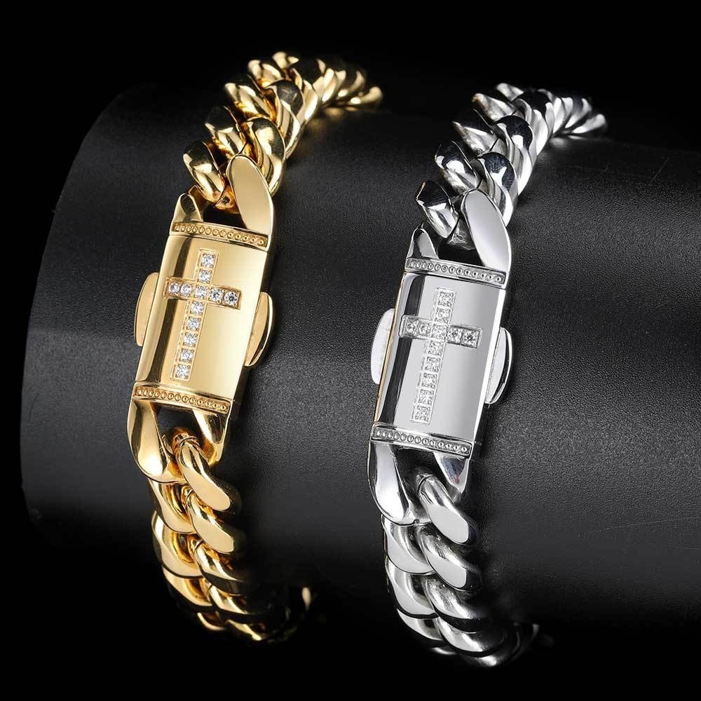 Hip-hop Luxury Custom 12MM Zircon Cuban Brass Bracelet for Men Wholesale PVD 18K gold plated Heavy Chain Link Bracelets Cross Charm Fashion Jewelry Gift