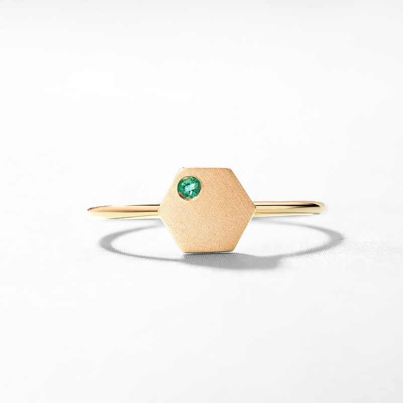 Geometric Minimalist Geometric Birthstone Jewelry Hexagon Lab Grown Emerald Solid 14K Gold Plated Finger Ring Bezel Setting Wedding & Party Engagement Ring