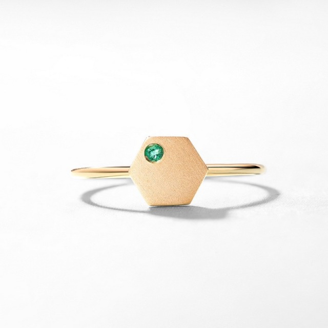 Geometric Minimalist Geometric Birthstone Jewelry Hexagon Lab Grown Emerald Solid 14K Gold Plated Finger Ring Bezel Setting Wedding & Party Engagement Ring