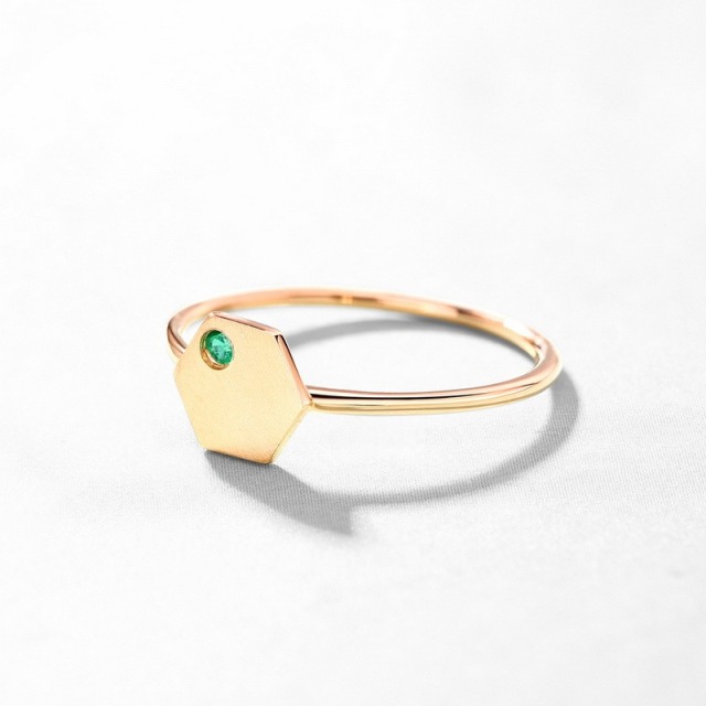 Geometric Minimalist Geometric Birthstone Jewelry Hexagon Lab Grown Emerald Solid 14K Gold Plated Finger Ring Bezel Setting Wedding & Party Engagement Ring