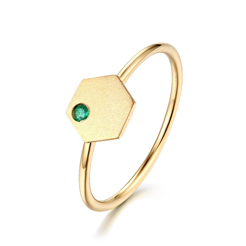 Geometric Minimalist Geometric Birthstone Jewelry Hexagon Lab Grown Emerald Solid 14K Gold Plated Finger Ring Bezel Setting Wedding & Party Engagement Ring