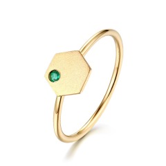 Geometric Minimalist Geometric Birthstone Jewelry Hexagon Lab Grown Emerald Solid 14K Gold Plated Finger Ring Bezel Setting Wedding & Party Engagement Ring