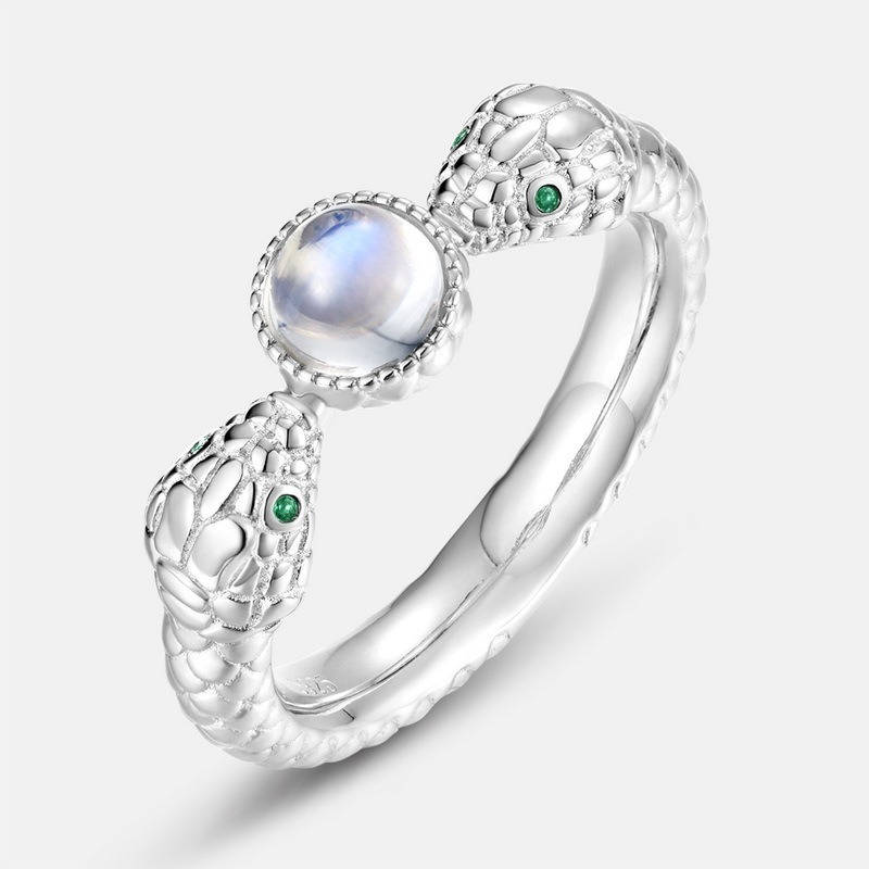 The Chinese zodiac Wholesale Women's S925 Sterling Silver Green CZ Eye Finger Ring Moonstone Rings Snake Fine Jewelry for daily wear