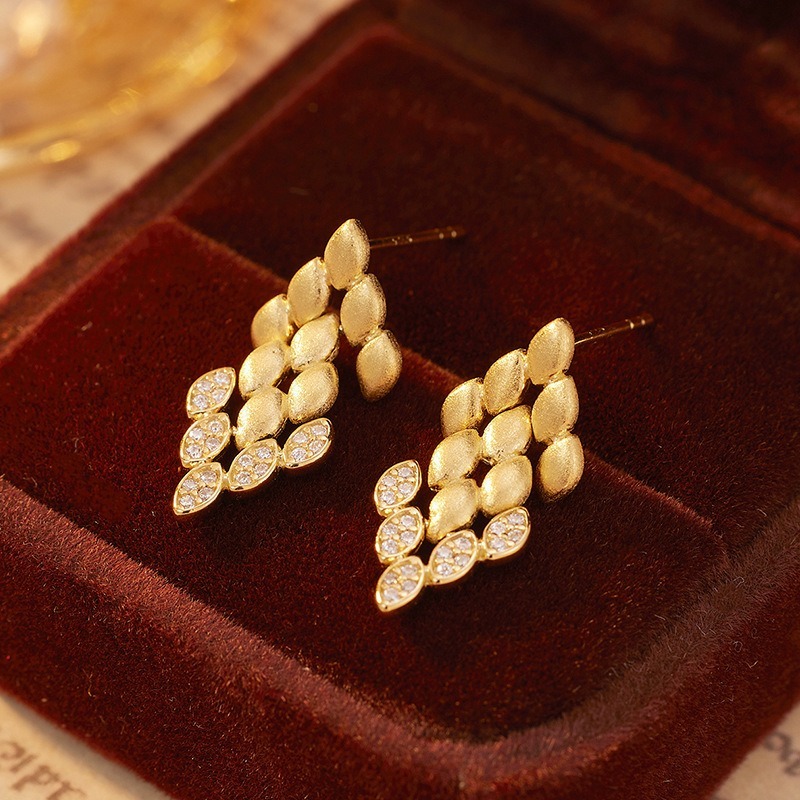 Elegant Geometric Cubic Zircon Elegant Luxury Style 925 Silver Matt Brushed Dangle Earrings Fashion Jewelry Tassel Wheat Drop Earrings for Women Gift
