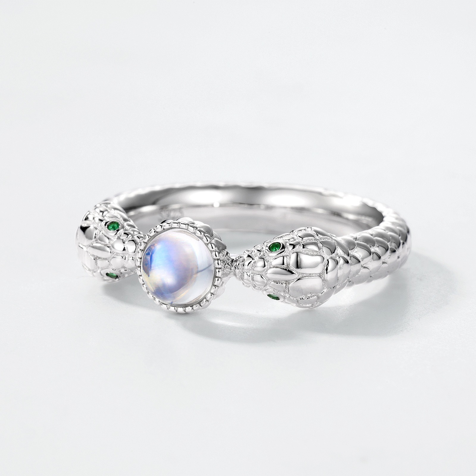 The Chinese zodiac Wholesale Women's S925 Sterling Silver Green CZ Eye Finger Ring Moonstone Rings Snake Fine Jewelry for daily wear