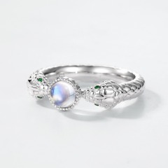 The Chinese zodiac Wholesale Women's S925 Sterling Silver Green CZ Eye Finger Ring Moonstone Rings Snake Fine Jewelry for daily wear