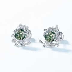 Top Quality Luxury Stud Earrings for Women Natural Moss Agate 925 Sterling Silver Leaf Earrings Green Gem Engagement Wedding Jewelry Gift