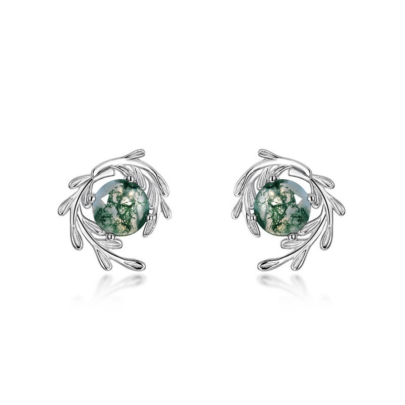 Top Quality Luxury Stud Earrings for Women Natural Moss Agate 925 Sterling Silver Leaf Earrings Green Gem Engagement Wedding Jewelry Gift