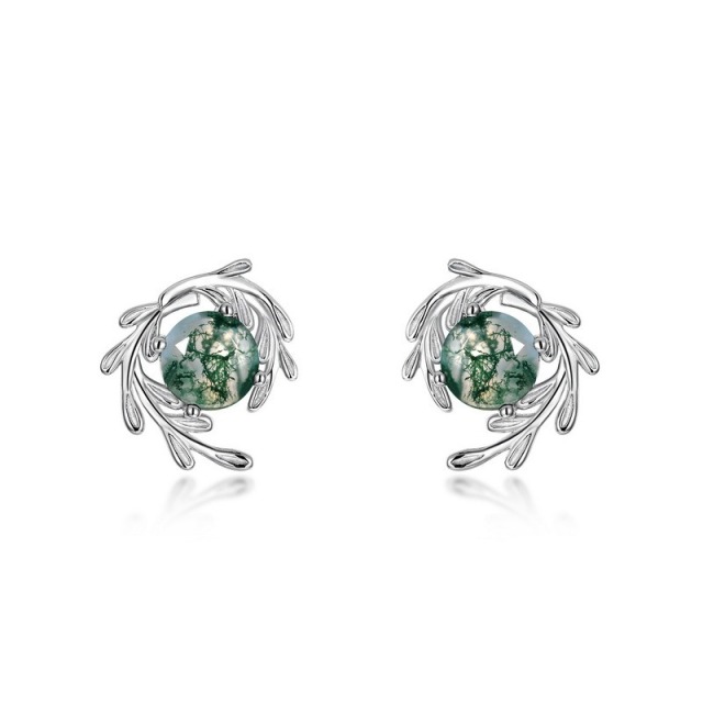 Top Quality Luxury Stud Earrings for Women Natural Moss Agate 925 Sterling Silver Leaf Earrings Green Gem Engagement Wedding Jewelry Gift