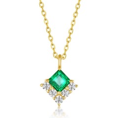 Wholesale 14K Gold Plated Exquisite Retro Luxury Pendant Necklace Female Lab Grown Emerald Square Set Zirconium Diamond Made Sterling Silver Chains