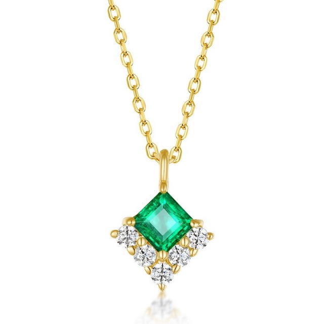 Wholesale 14K Gold Plated Exquisite Retro Luxury Pendant Necklace Female Lab Grown Emerald Square Set Zirconium Diamond Made Sterling Silver Chains