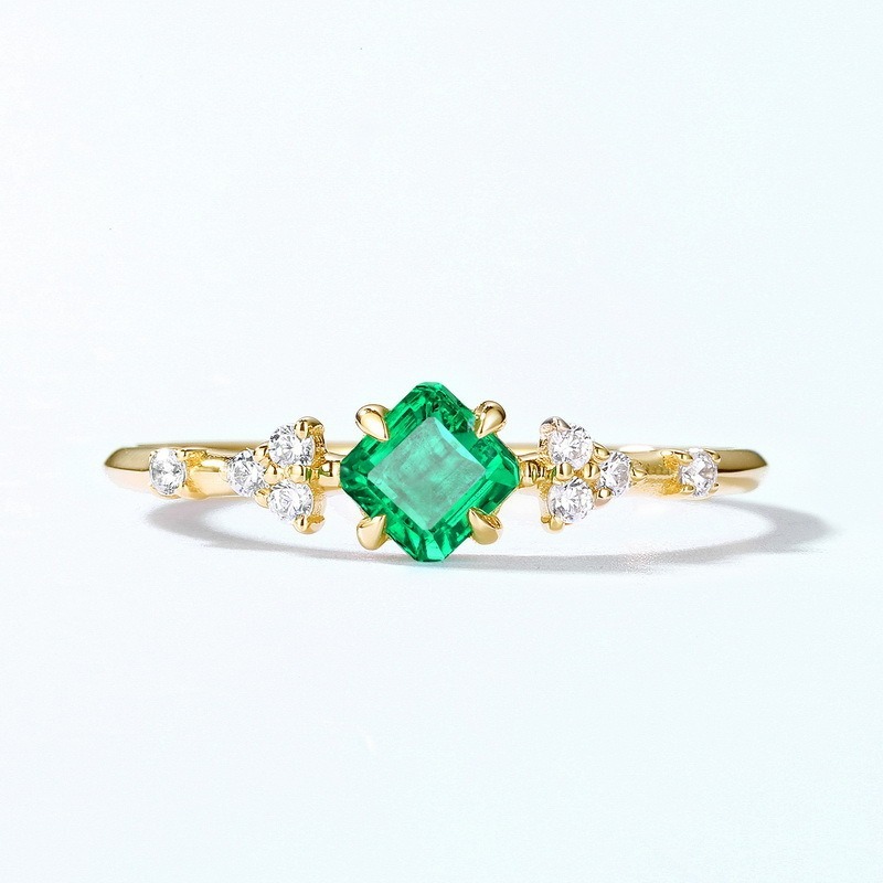 Geometric Minimalist Geometric Birthstone Jewelry Lab Grown Emerald Solid 14K Gold Plated Finger Ring Claw Setting Wedding & Party Engagement Adjusted Ring
