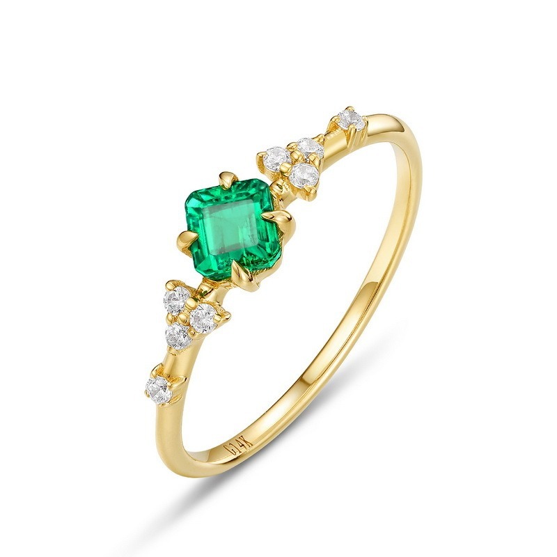 Geometric Minimalist Geometric Birthstone Jewelry Lab Grown Emerald Solid 14K Gold Plated Finger Ring Claw Setting Wedding & Party Engagement Adjusted Ring