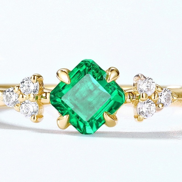 Geometric Minimalist Geometric Birthstone Jewelry Lab Grown Emerald Solid 14K Gold Plated Finger Ring Claw Setting Wedding & Party Engagement Adjusted Ring