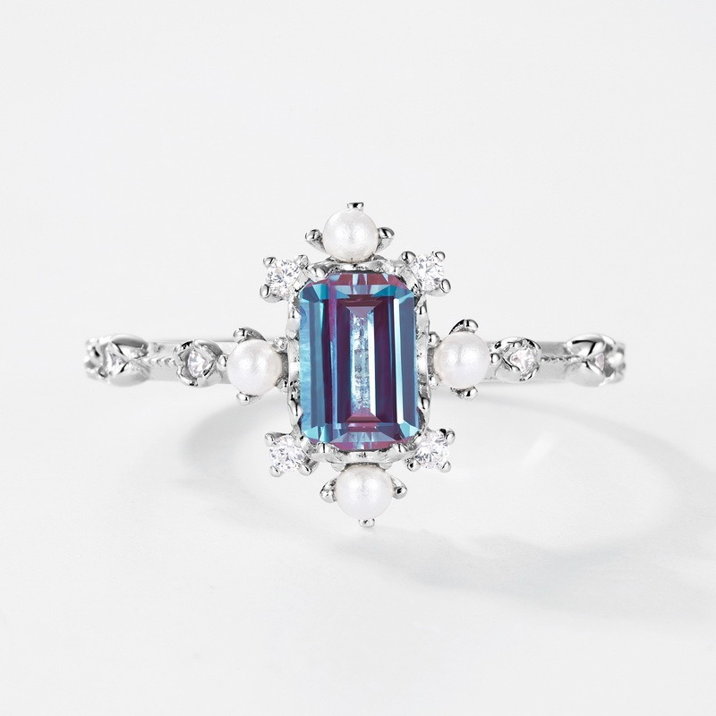 Rhodium Plated S925 Sterling Silver Adjustable Ring with Natural Alexandrite Gemstone