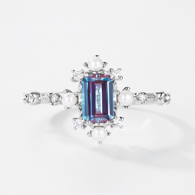 Rhodium Plated S925 Sterling Silver Adjustable Ring with Natural Alexandrite Gemstone