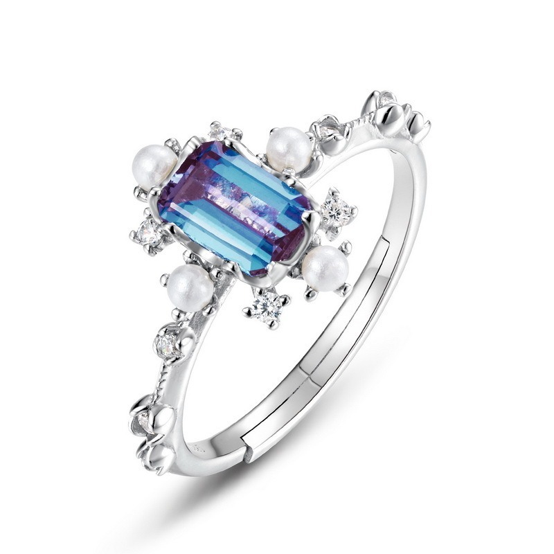 Rhodium Plated S925 Sterling Silver Adjustable Ring with Natural Alexandrite Gemstone