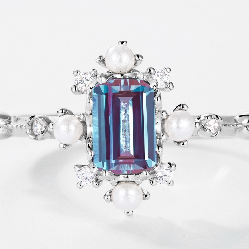 Rhodium Plated S925 Sterling Silver Adjustable Ring with Natural Alexandrite Gemstone