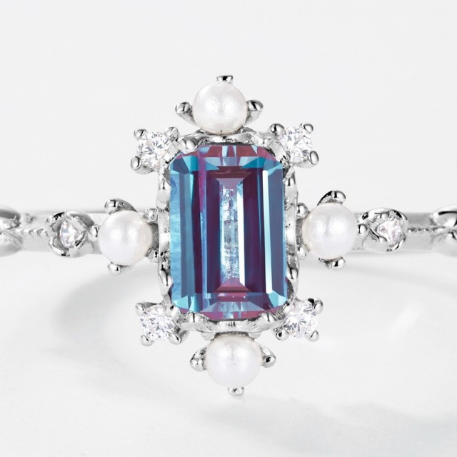Rhodium Plated S925 Sterling Silver Adjustable Ring with Natural Alexandrite Gemstone