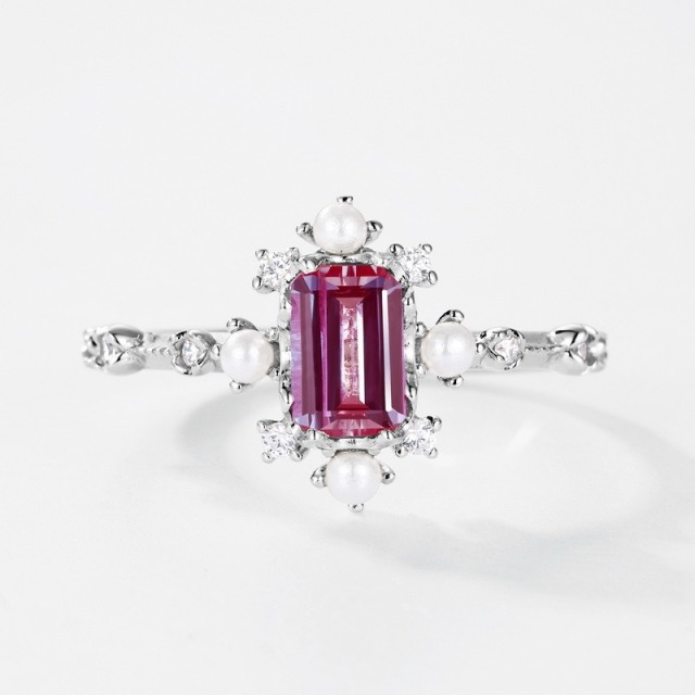 Rhodium Plated S925 Sterling Silver Adjustable Ring with Natural Alexandrite Gemstone