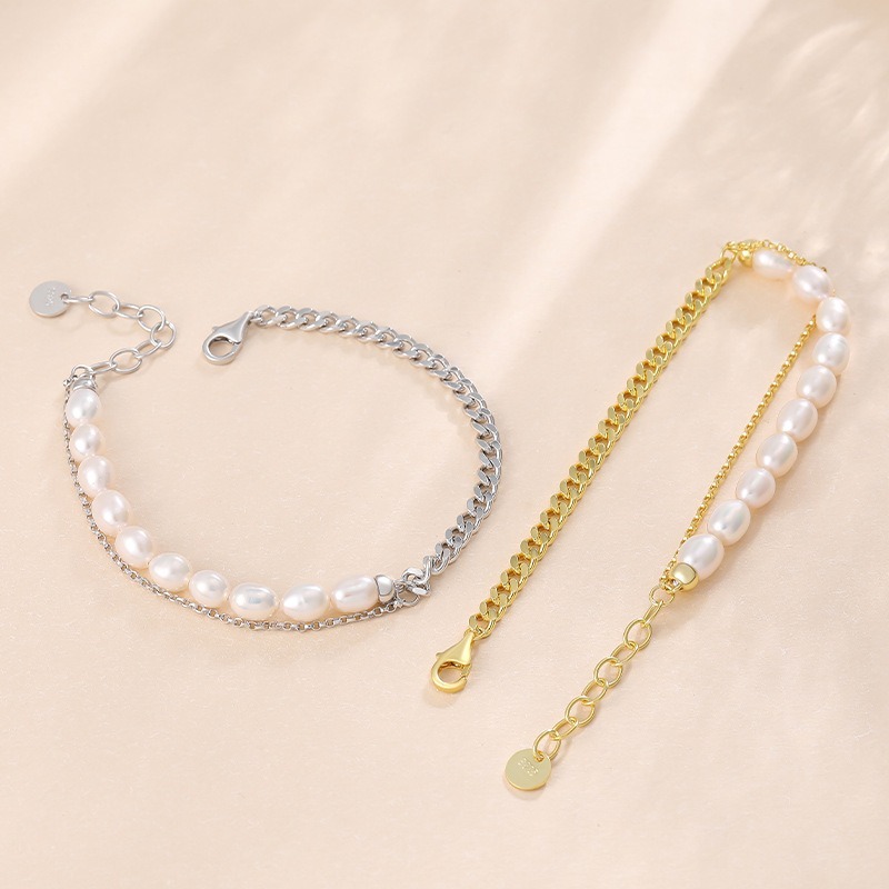 Elegant S925 Sterling Silver Bracelet Layers Chain Women 18K Gold Plated Charm Unique Baroque Fresh Water Pearl Stacking Bracelet for Wholesale