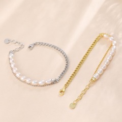 Elegant S925 Sterling Silver Bracelet Layers Chain Women 18K Gold Plated Charm Unique Baroque Fresh Water Pearl Stacking Bracelet for Wholesale