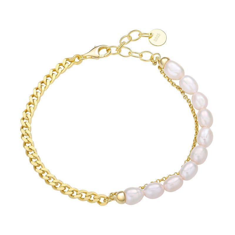 Elegant S925 Sterling Silver Bracelet Layers Chain Women 18K Gold Plated Charm Unique Baroque Fresh Water Pearl Stacking Bracelet for Wholesale