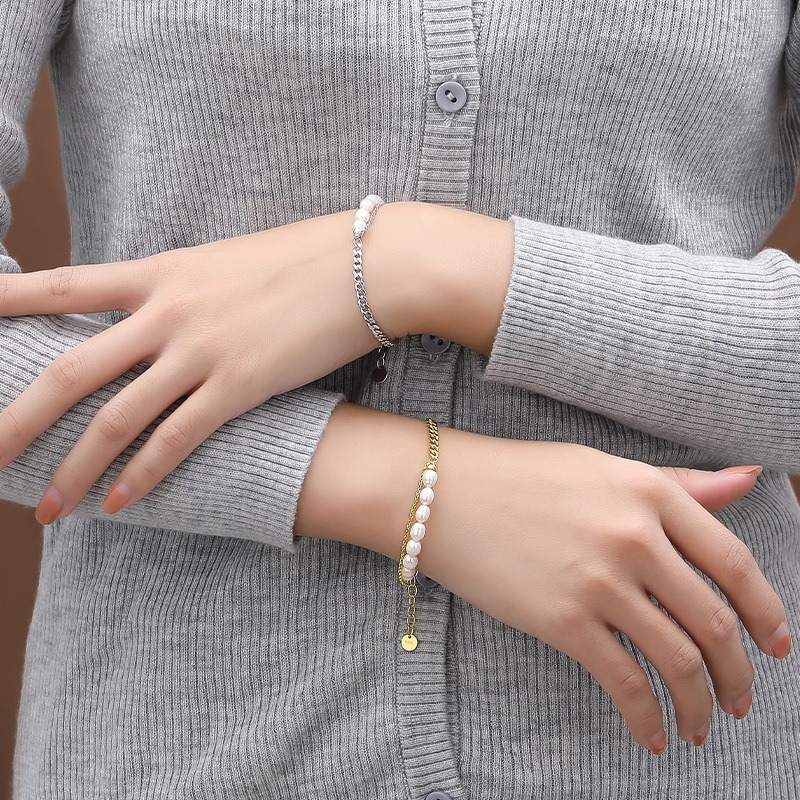 Elegant S925 Sterling Silver Bracelet Layers Chain Women 18K Gold Plated Charm Unique Baroque Fresh Water Pearl Stacking Bracelet for Wholesale