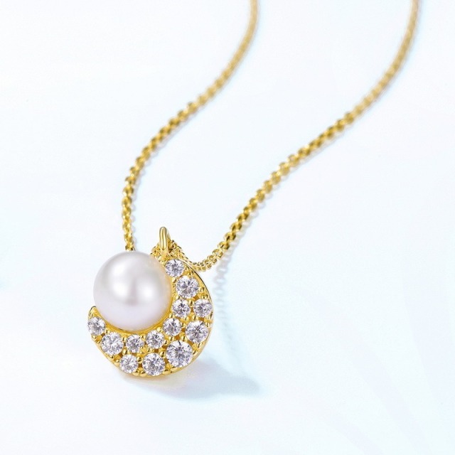 Custom Wholesale Jewelry Supplier 14K gold plated S925 Sterling Silver Romantic Moon Star Fresh pure water natural pearl Pendant Necklace