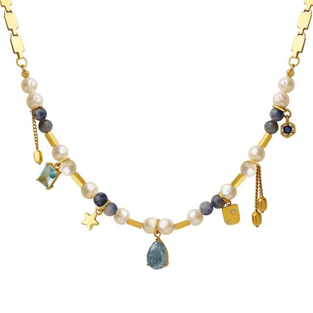 316L stainless steel necklace with Freshwater Pearl &  Natural Stone